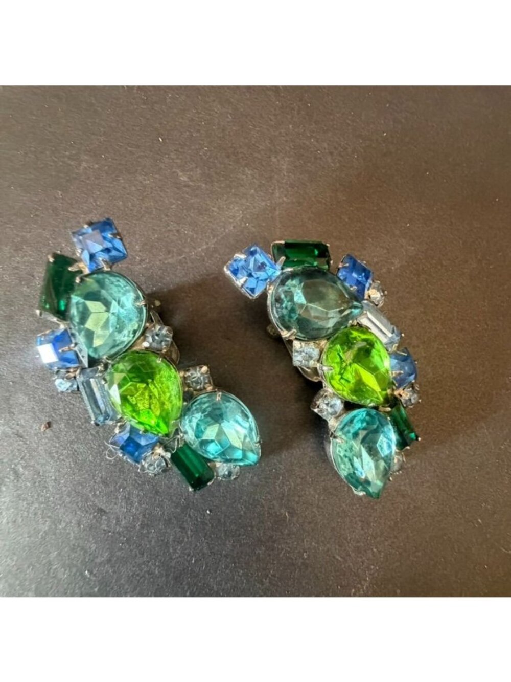 Vintage Julianna Clip-On Climber Earrings Blue & Green Rhinestones Mid-Century